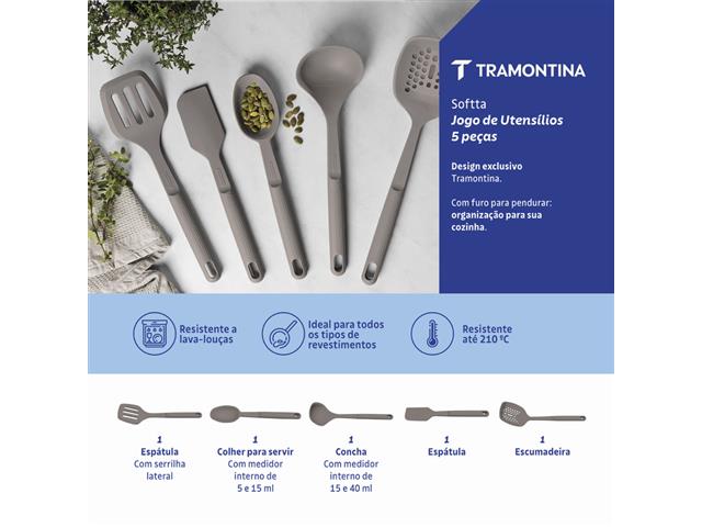 Jogo Utensílios Tramontina Softta Silicone Cinza 5 Peças - 7
