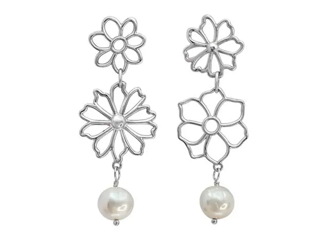 Aretes de plata Tanya Moss, flor largos con perla verano