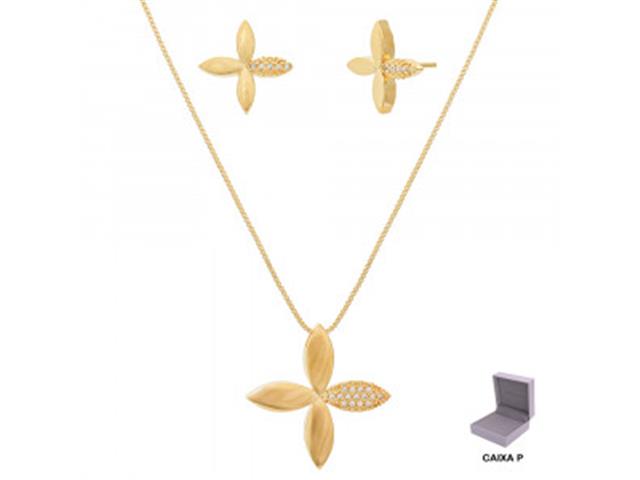 Conjunto flor Morana zircônias dourado 40cm + 5cm